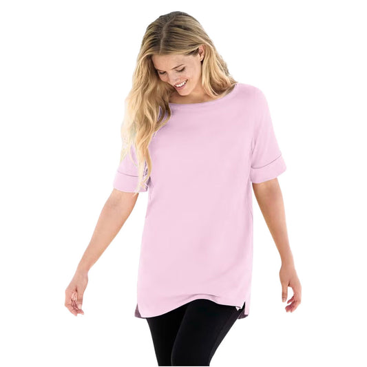 Plus-size boatneck top with elbow-length cuffed sleeves, a soft cotton knit, and a 28” length. Stylish, breathable, and perfect for everyday wear.