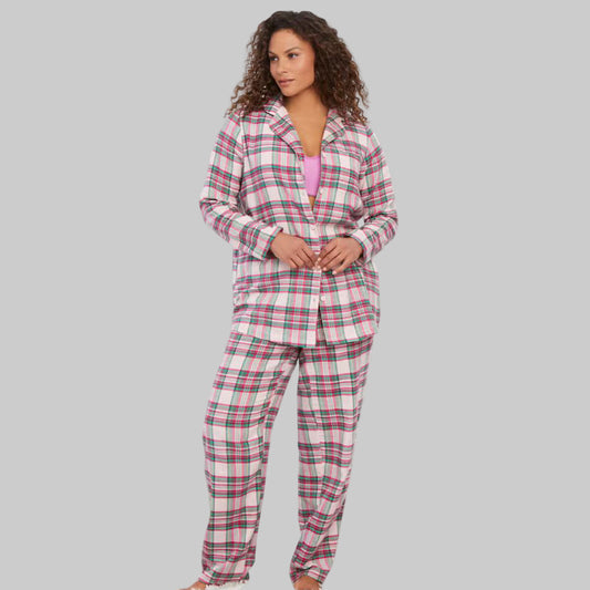 Pink Plaid Classic Flannel Pajama Set with button-front top and elastic waist pants — soft cotton women’s sleepwear.