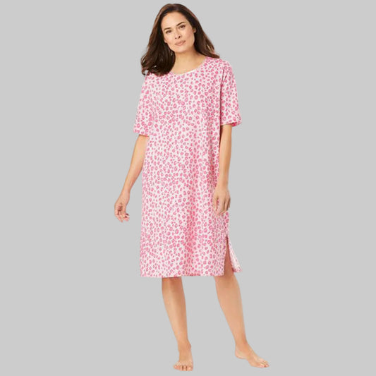 Pink printed short sleeve tagless sleepshirt with scoop neckline satin trim rosette detail and relaxed fit for comfortable sleepwear.