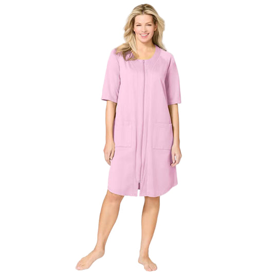 Flat-lay of Pink French Terry Short Zip Robe on neutral background