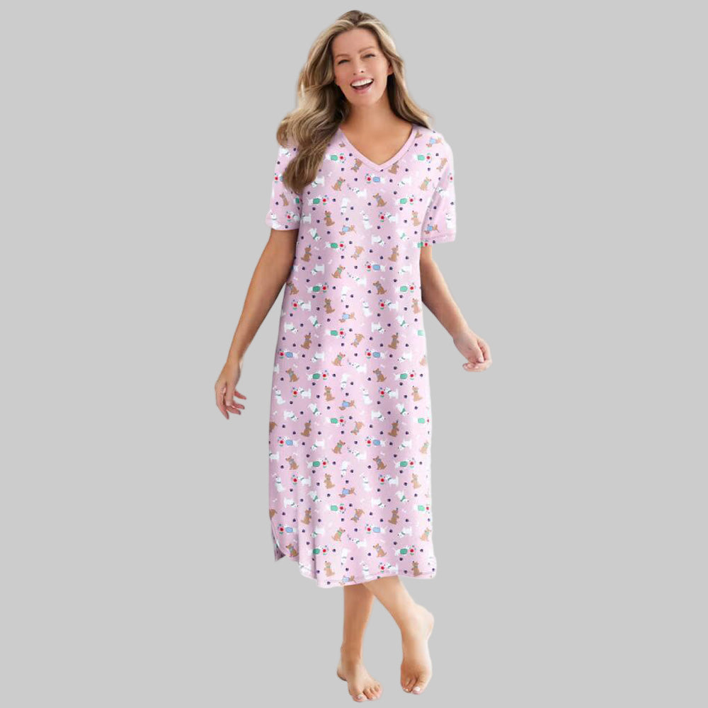 Plus size Pink Spring Delight Long Print Cotton Sleepshirt with V-neck and short sleeves.