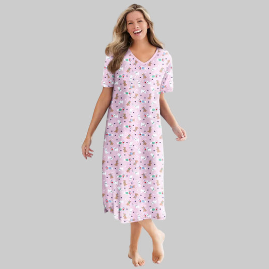 Plus size Pink Spring Delight Long Print Cotton Sleepshirt with V-neck and short sleeves.