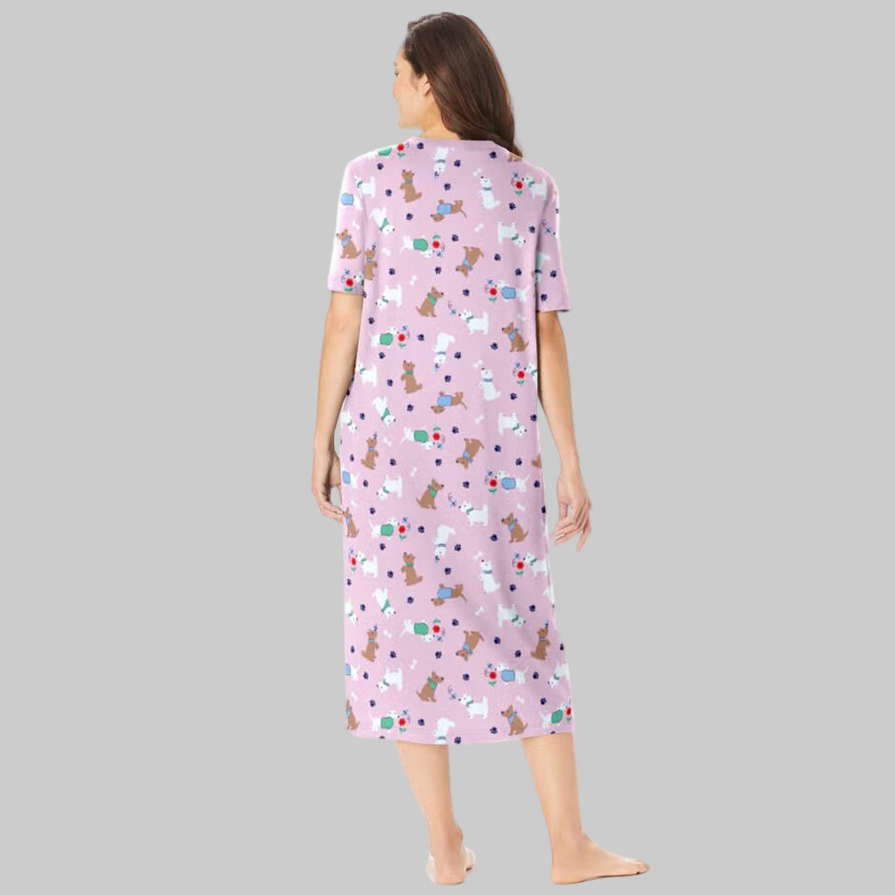 Plus size Pink Spring Delight Long Print Cotton Sleepshirt with V-neck and short sleeves.