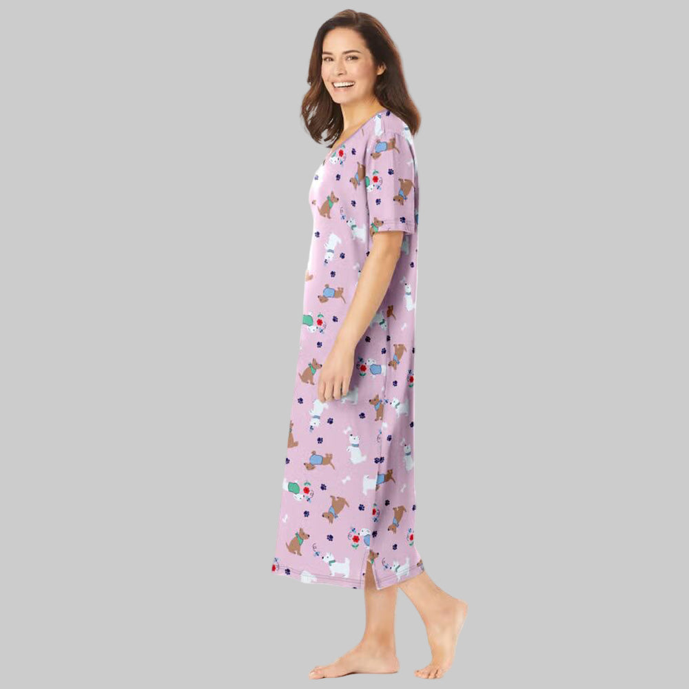 Plus size Pink Spring Delight Long Print Cotton Sleepshirt with V-neck and short sleeves.