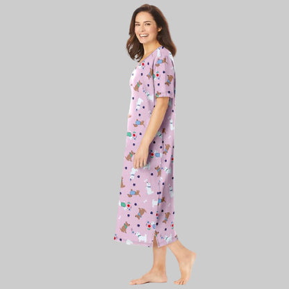 Plus size Pink Spring Delight Long Print Cotton Sleepshirt with V-neck and short sleeves.