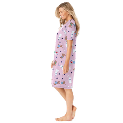 Pink Spring Delight Short Print Sleepshirt with playful prints, ribbed V-neck, short sleeves, and A-line silhouette – 40-inch women’s cotton sleepwear.