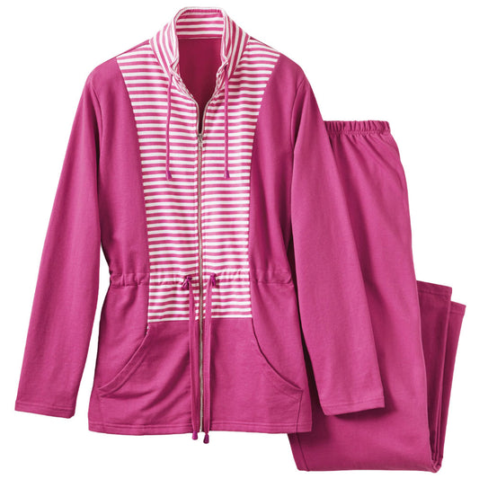 Pink Striped Plus Size Lounge Set – Two-Piece Zip Top & Pants for Women