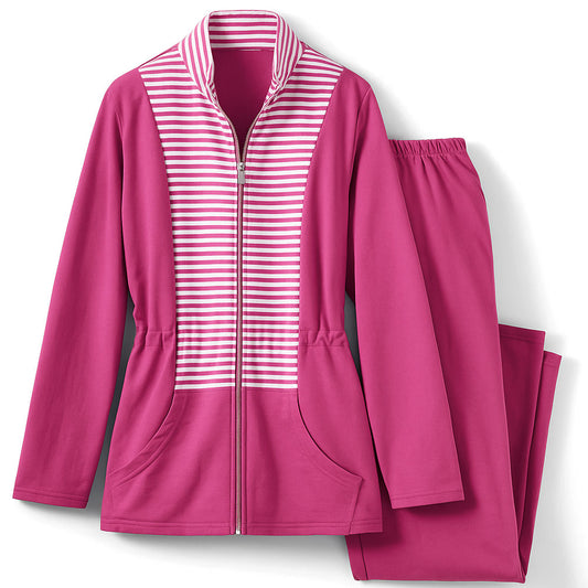 Pink plus size women’s lounge set with striped zip-up top and matching pants, no drawstring