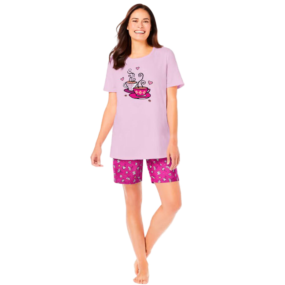 Women’s Pink Tea Cup Knit PJ Short Set with short-sleeve tee featuring side slits and elastic waist shorts, made from breathable cotton.