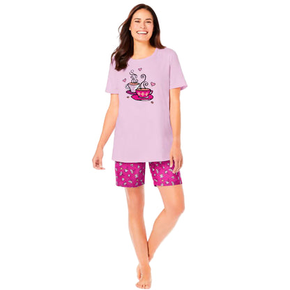 Women’s Pink Tea Cup Knit PJ Short Set with short-sleeve tee featuring side slits and elastic waist shorts, made from breathable cotton.