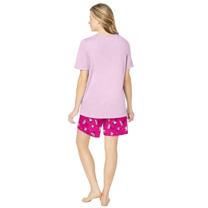 Women’s Pink Tea Cup Knit PJ Short Set with short-sleeve tee featuring side slits and elastic waist shorts, made from breathable cotton.