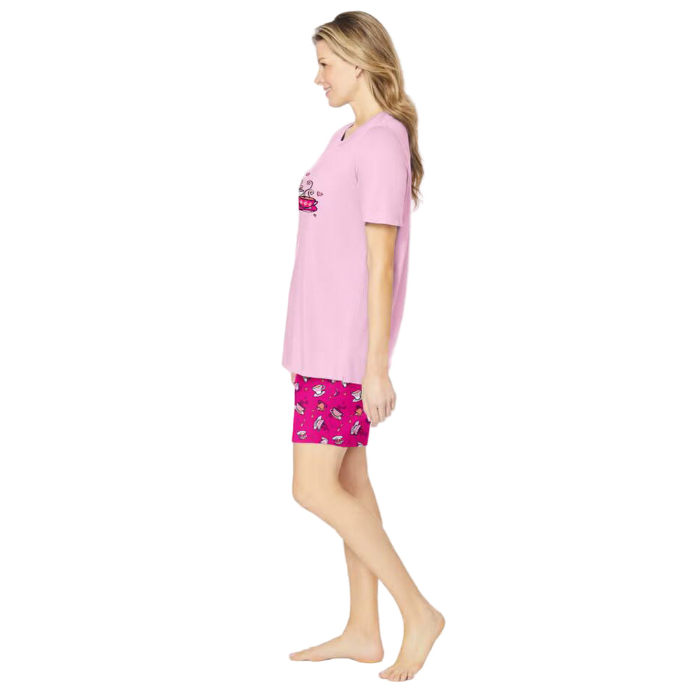 Women’s Pink Tea Cup Knit PJ Short Set with short-sleeve tee featuring side slits and elastic waist shorts, made from breathable cotton.
