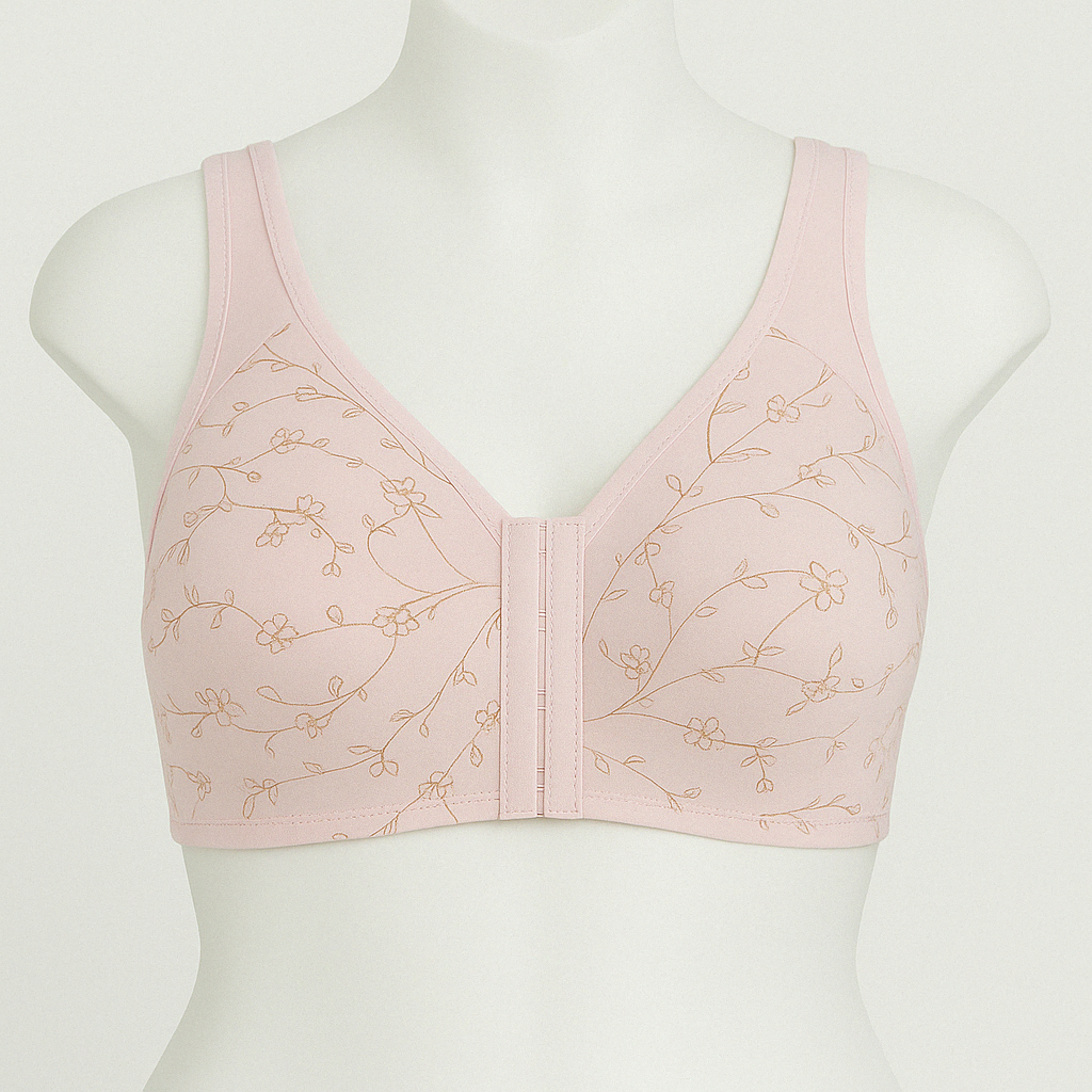 Pink Floral Front Open Plus Size Bra – Wireless Cotton Comfort PSW-9396