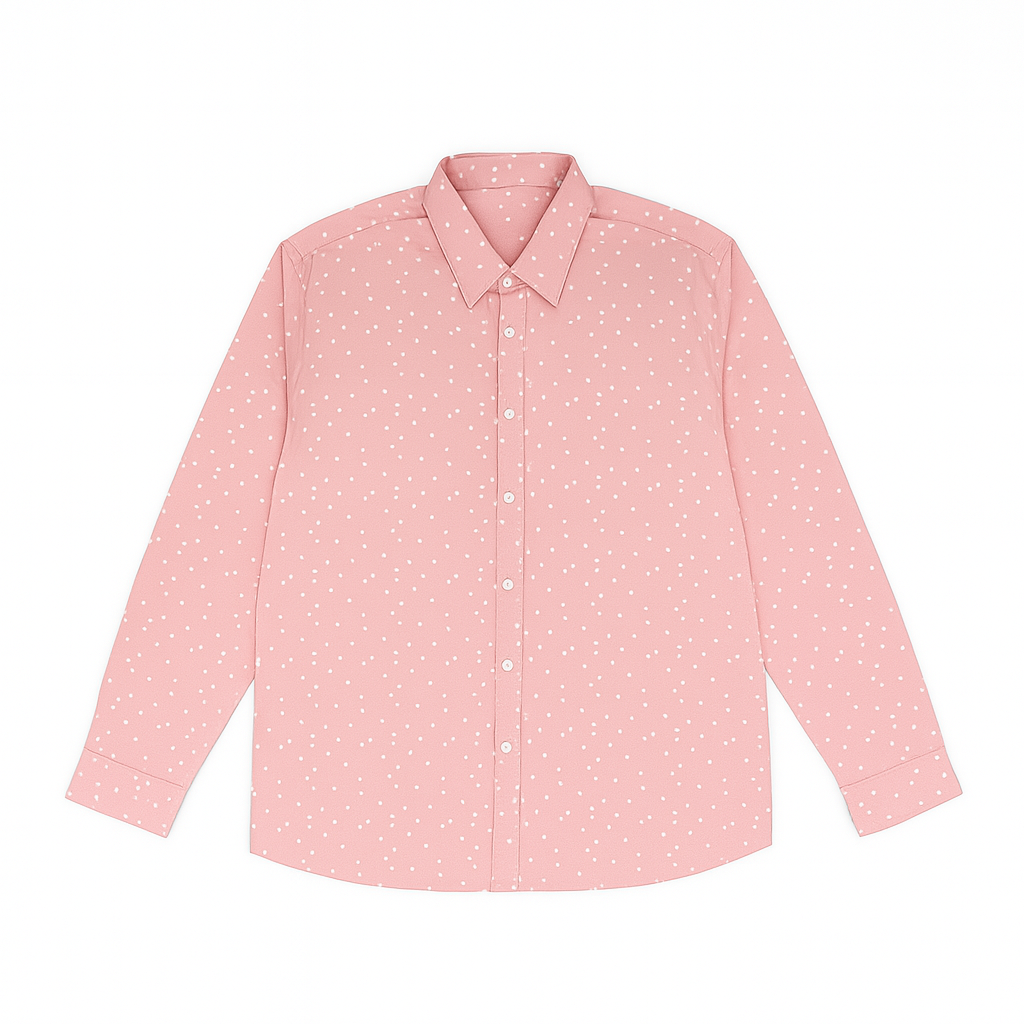 Blush pink plus size men’s button-down shirt with white polka dot print, long sleeves, and classic collar – flat lay on white background