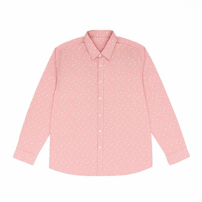 Blush pink plus size men’s button-down shirt with white polka dot print, long sleeves, and classic collar – flat lay on white background