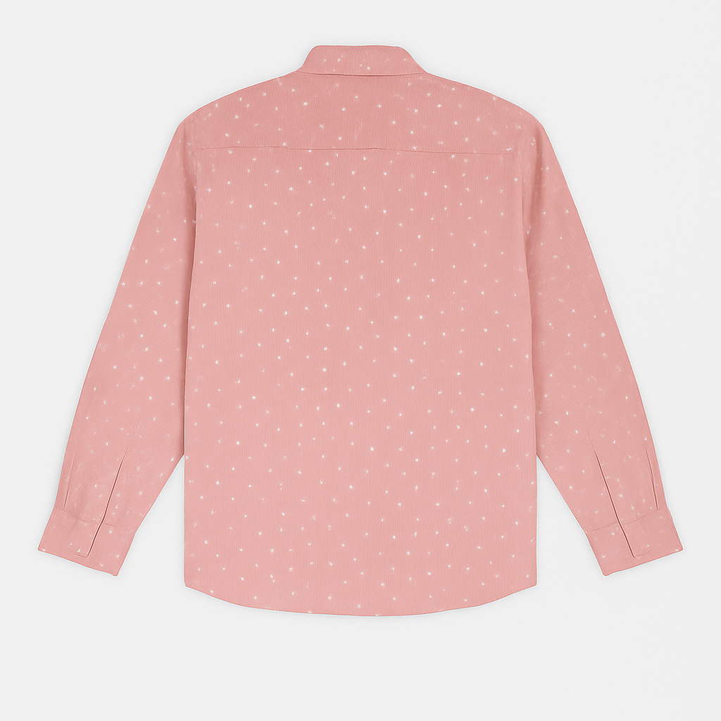 Blush pink plus size men’s button-down shirt with white polka dot print, long sleeves, and classic collar – flat lay on white background