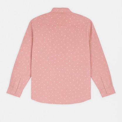 Blush pink plus size men’s button-down shirt with white polka dot print, long sleeves, and classic collar – flat lay on white background
