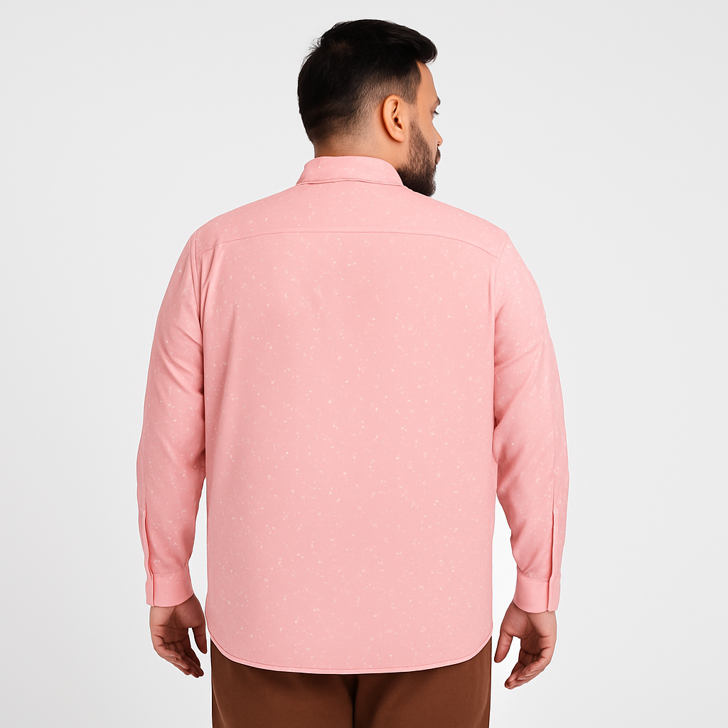 Blush pink plus size men’s button-down shirt with white polka dot print, long sleeves, and classic collar – flat lay on white background