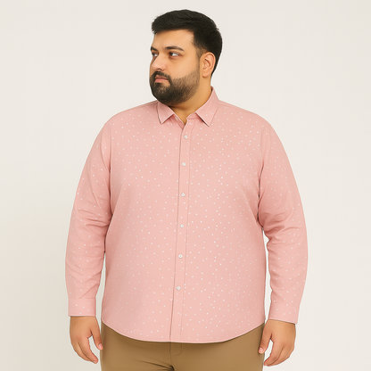 Blush pink plus size men’s button-down shirt with white polka dot print, long sleeves, and classic collar – flat lay on white background