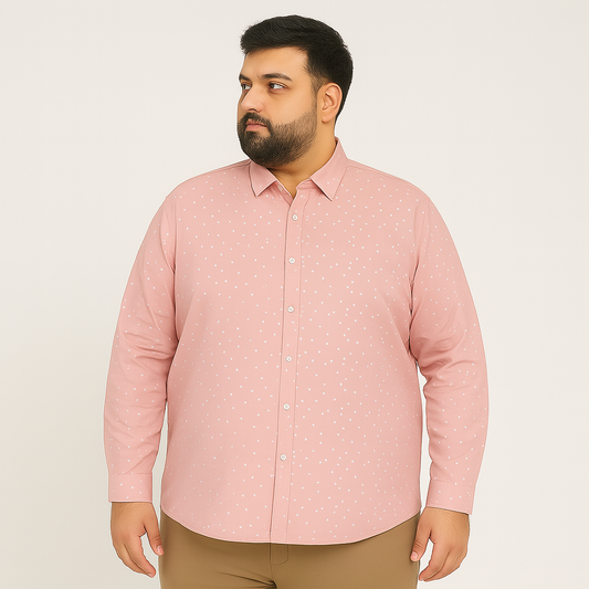 Blush pink plus size men’s button-down shirt with white polka dot print, long sleeves, and classic collar – flat lay on white background
