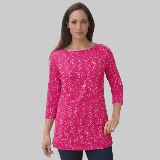 Pink floral plus size three-quarter sleeve boatneck tunic in cotton jersey
