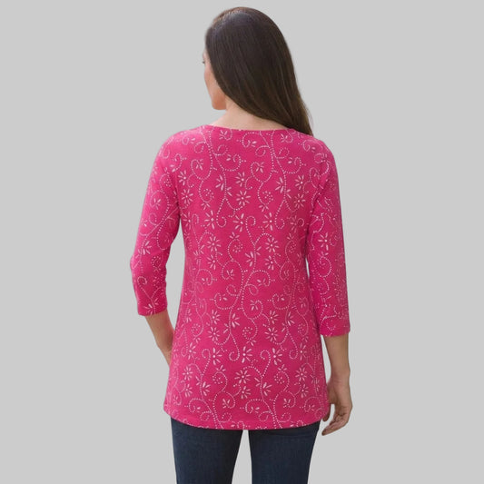 Pink floral plus size three-quarter sleeve boatneck tunic in cotton jersey