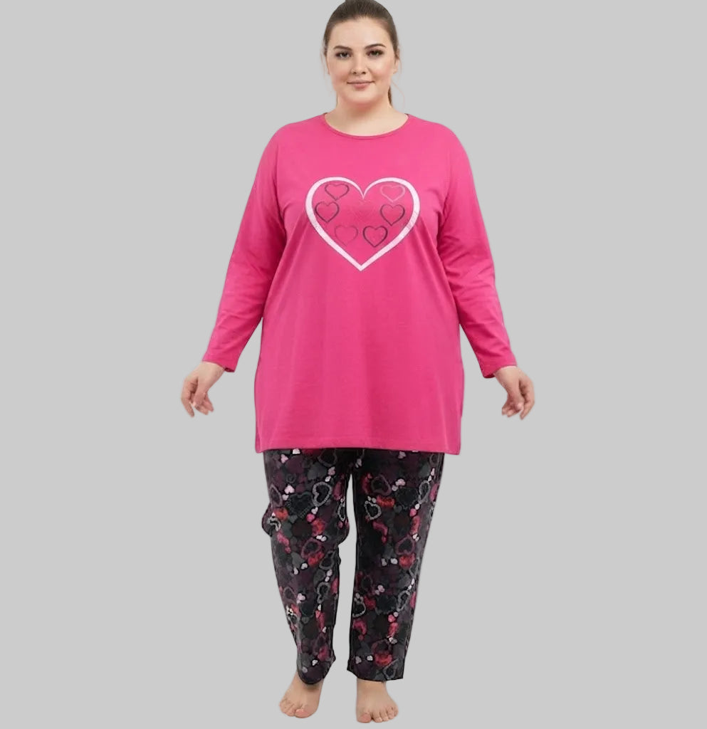 Shop the Pink Heart Print Pajama Set in sizes 2XL–6XL. Soft cotton blend, comfy fit, and playful design. Perfect plus-size nightwear at PlusSize.pk.