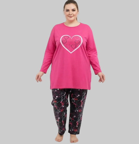 Shop the Pink Heart Print Pajama Set in sizes 2XL–6XL. Soft cotton blend, comfy fit, and playful design. Perfect plus-size nightwear at PlusSize.pk.