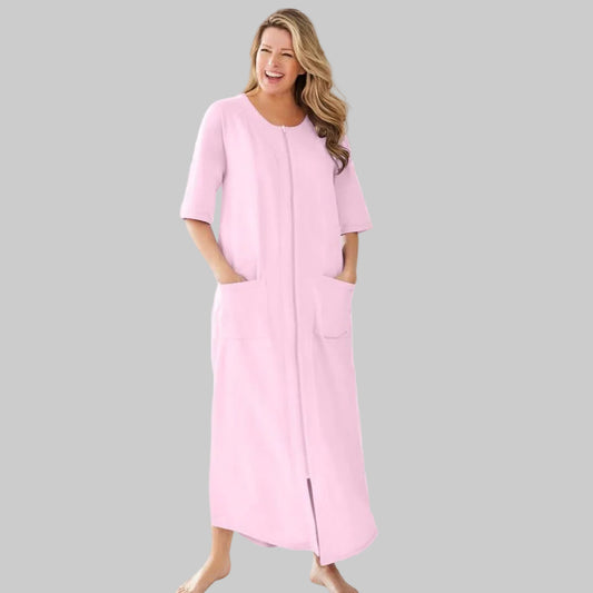 Pink long French terry zip-front robe with relaxed fit for home wear