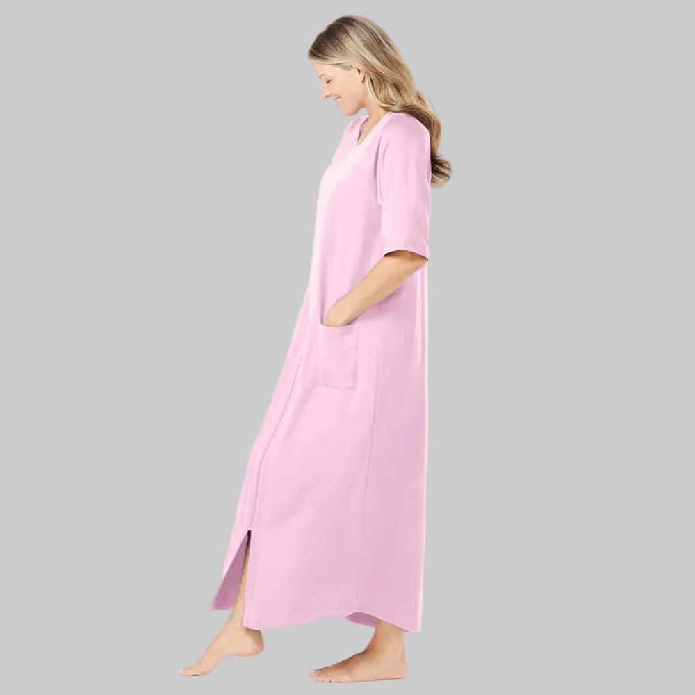 Pink long French terry zip-front robe with relaxed fit for home wear