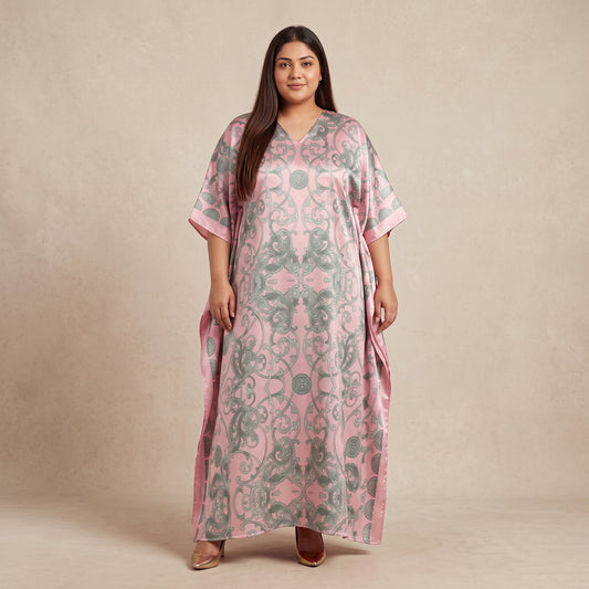 Pink and sage green damask print maxi kaftan made from lightweight polyester with an elegant pattern and flowing silhouette.