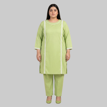 Pistachio Green cotton lawn lace trim co-ord set for women in breathable 100% cotton lawn fabric with elegant two-piece summer outfit.