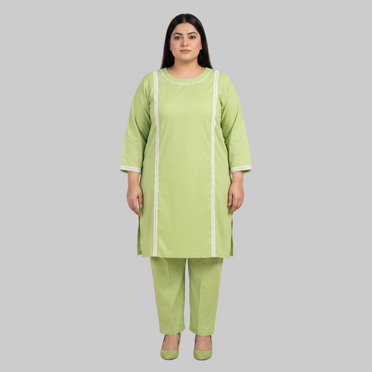 Pistachio Green cotton lawn lace trim co-ord set for women in breathable 100% cotton lawn fabric with elegant two-piece summer outfit.