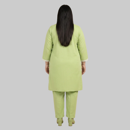Pistachio Green cotton lawn lace trim co-ord set for women in breathable 100% cotton lawn fabric with elegant two-piece summer outfit.
