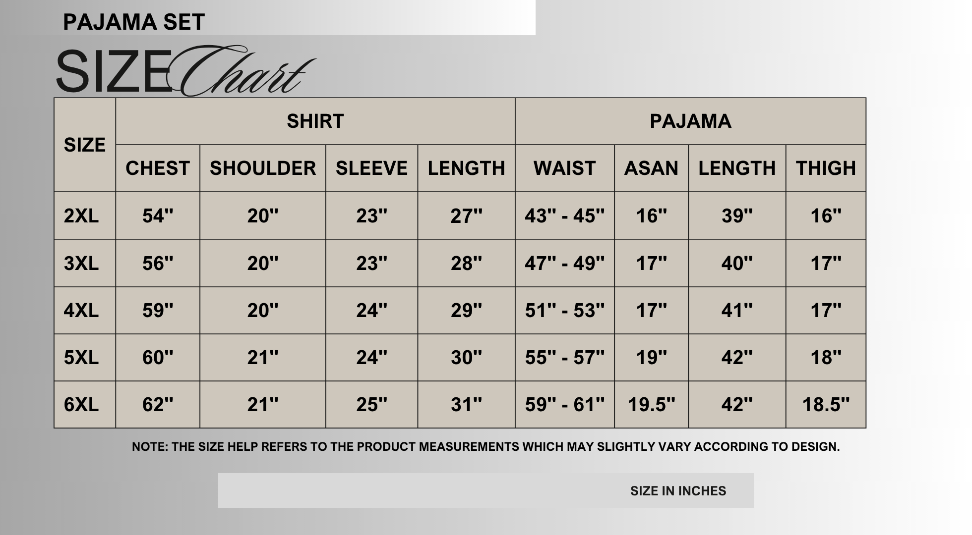 Size chart for Forest Green Printed Pajama Set PSW-10304