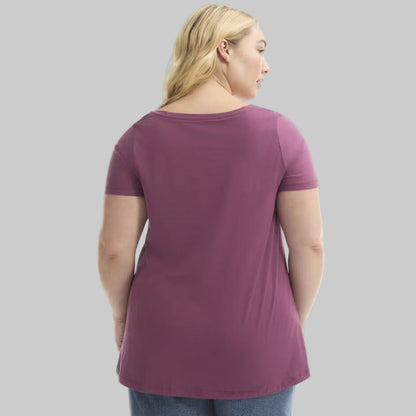 Plus size woman wearing a Plum Blossom Short Sleeve Cotton Tee with a relaxed fit, soft cotton fabric, and casual everyday style.