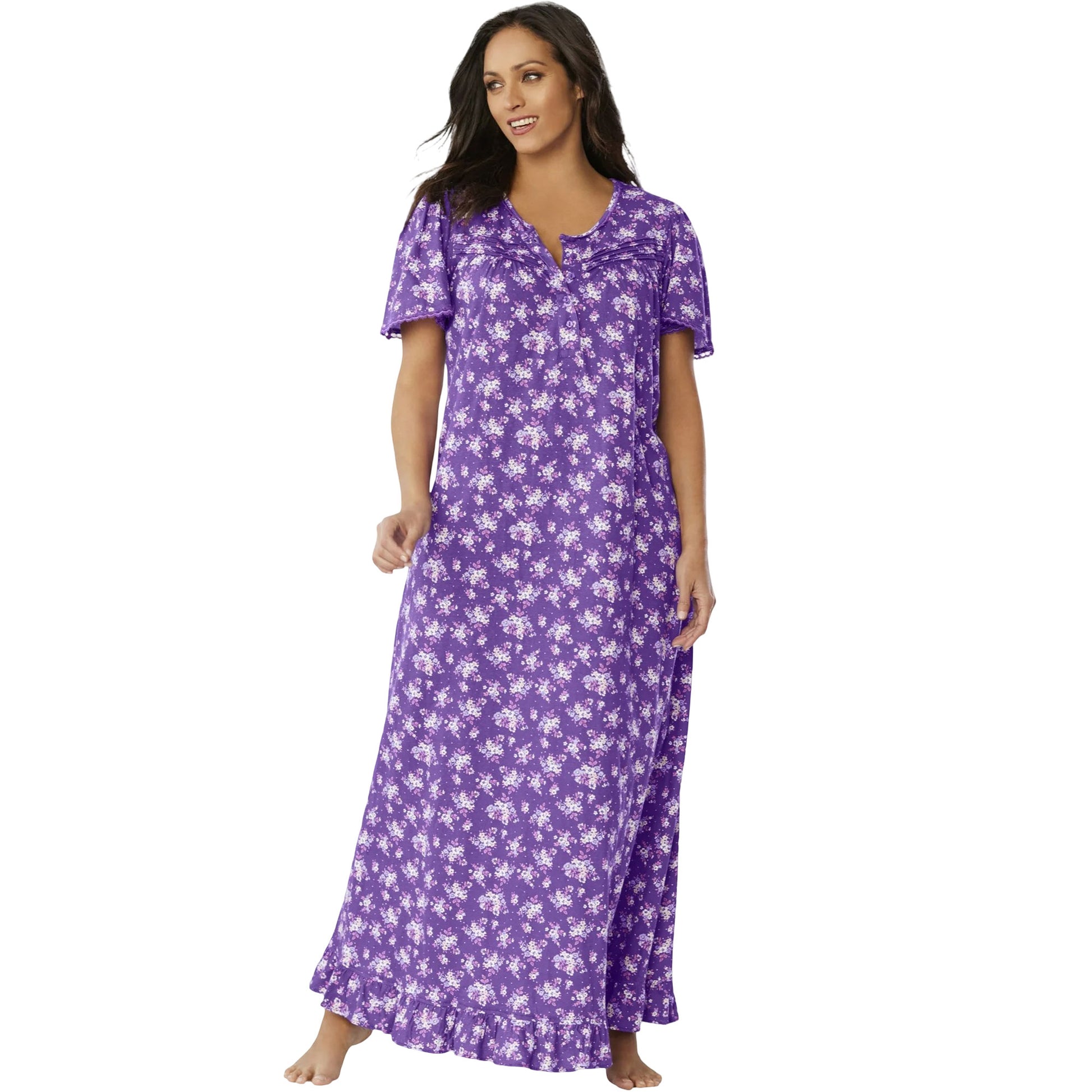 Plus size woman in plum floral long cotton gown with ruffle trim