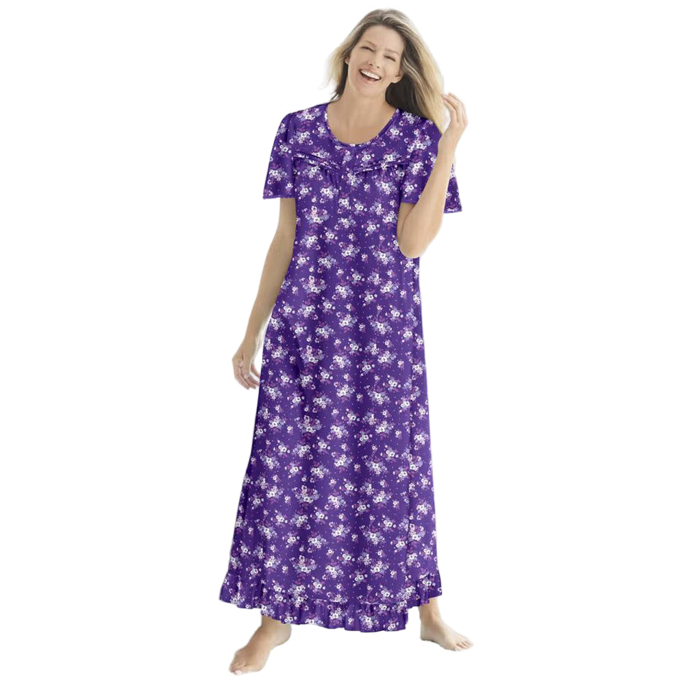 Women’s Plum Burst Bouquet long floral cotton gown with flutter sleeves, ruffled hem, pintucks, and flower-shaped buttons, made from soft breathable cotton.