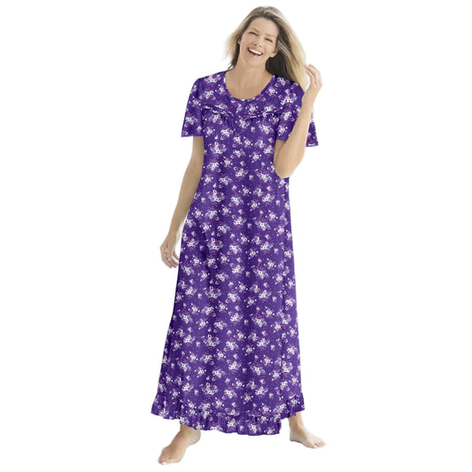 Women’s Plum Burst Bouquet long floral cotton gown with flutter sleeves, ruffled hem, pintucks, and flower-shaped buttons, made from soft breathable cotton.