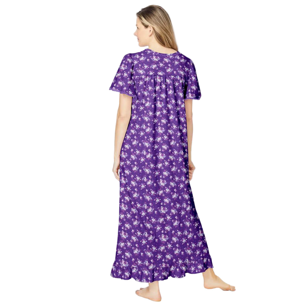 Women’s Plum Burst Bouquet long floral cotton gown with flutter sleeves, ruffled hem, pintucks, and flower-shaped buttons, made from soft breathable cotton.