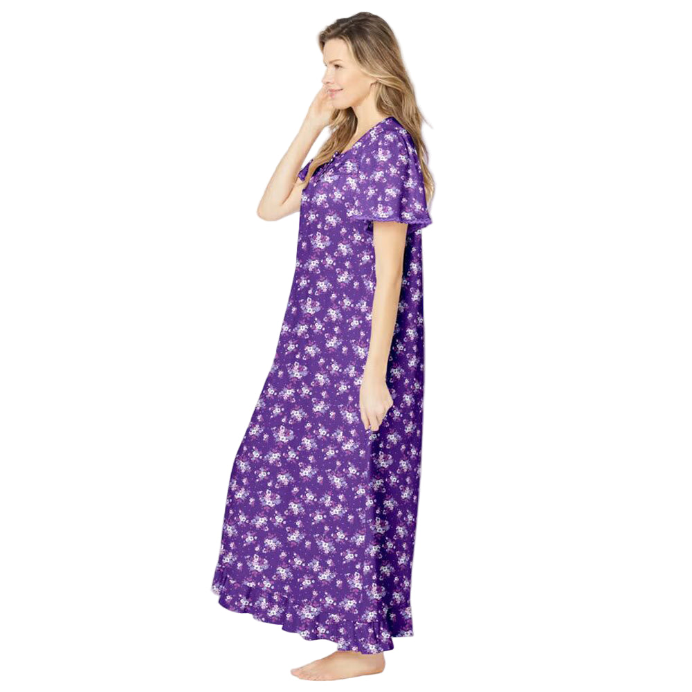 Women’s Plum Burst Bouquet long floral cotton gown with flutter sleeves, ruffled hem, pintucks, and flower-shaped buttons, made from soft breathable cotton.