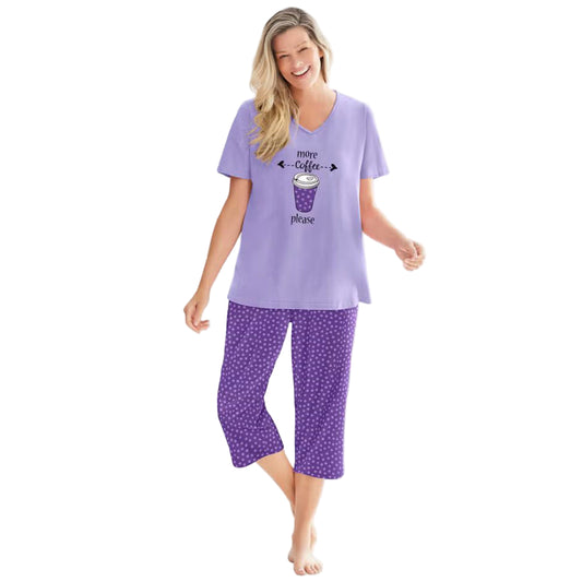 “Plum Burst Dot Two-Piece V-Neck Tunic & Capri Pajama Set – cotton loungewear with dot-print tunic and matching capri bottoms”