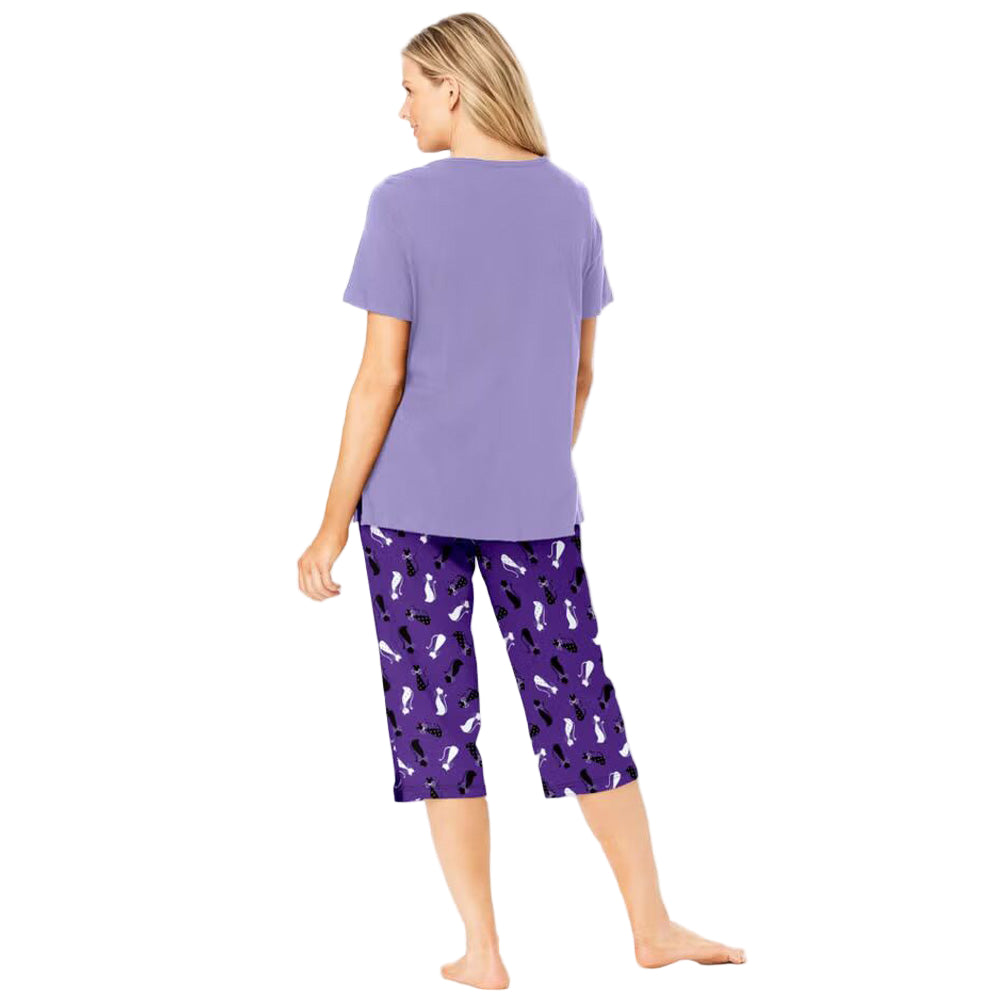 “Plum Burst Two-Piece V-Neck Tunic & Capri Pajama Set – soft cotton loungewear with graphic top and capri bottoms”