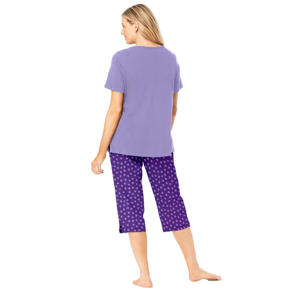 “Plum Burst Dot Two-Piece V-Neck Tunic & Capri Pajama Set – cotton loungewear with dot-print tunic and matching capri bottoms”