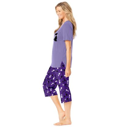 “Plum Burst Two-Piece V-Neck Tunic & Capri Pajama Set – soft cotton loungewear with graphic top and capri bottoms”