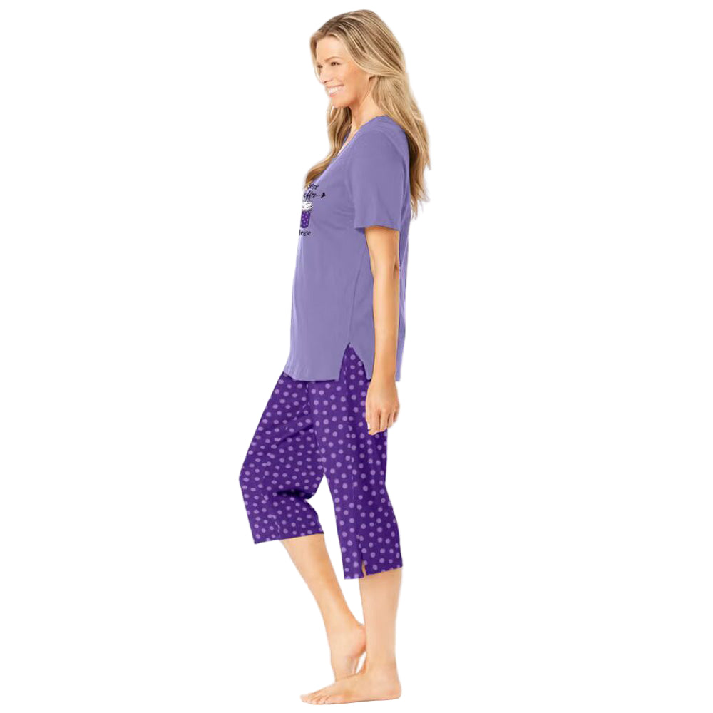 “Plum Burst Dot Two-Piece V-Neck Tunic & Capri Pajama Set – cotton loungewear with dot-print tunic and matching capri bottoms”