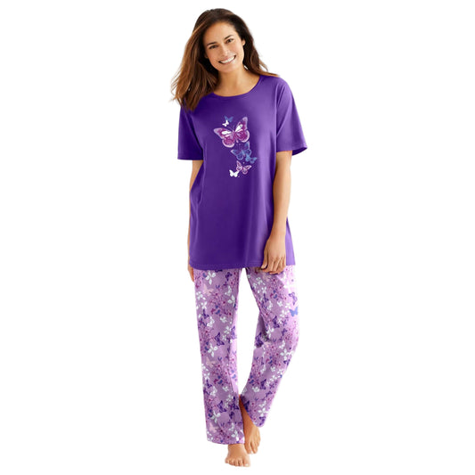 “Plum Burst Floral Graphic Tee Pajama Set – cotton sleepwear with floral graphic top and matching printed pants”
