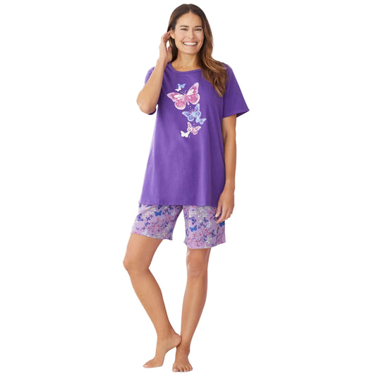 Women’s Plum Burst Floral Knit PJ Short Set with short-sleeve cotton tee featuring side slits and elastic waist shorts, breathable and comfy sleepwear.