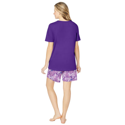 Women’s Plum Burst Floral Knit PJ Short Set with short-sleeve cotton tee featuring side slits and elastic waist shorts, breathable and comfy sleepwear.