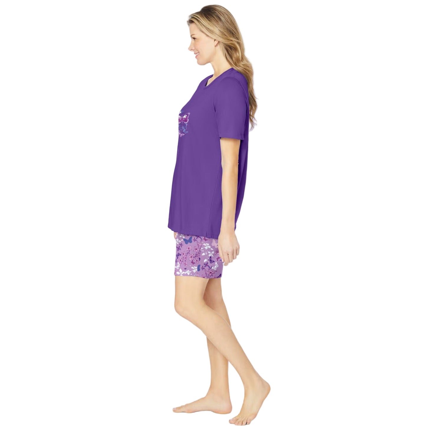 Women’s Plum Burst Floral Knit PJ Short Set with short-sleeve cotton tee featuring side slits and elastic waist shorts, breathable and comfy sleepwear.